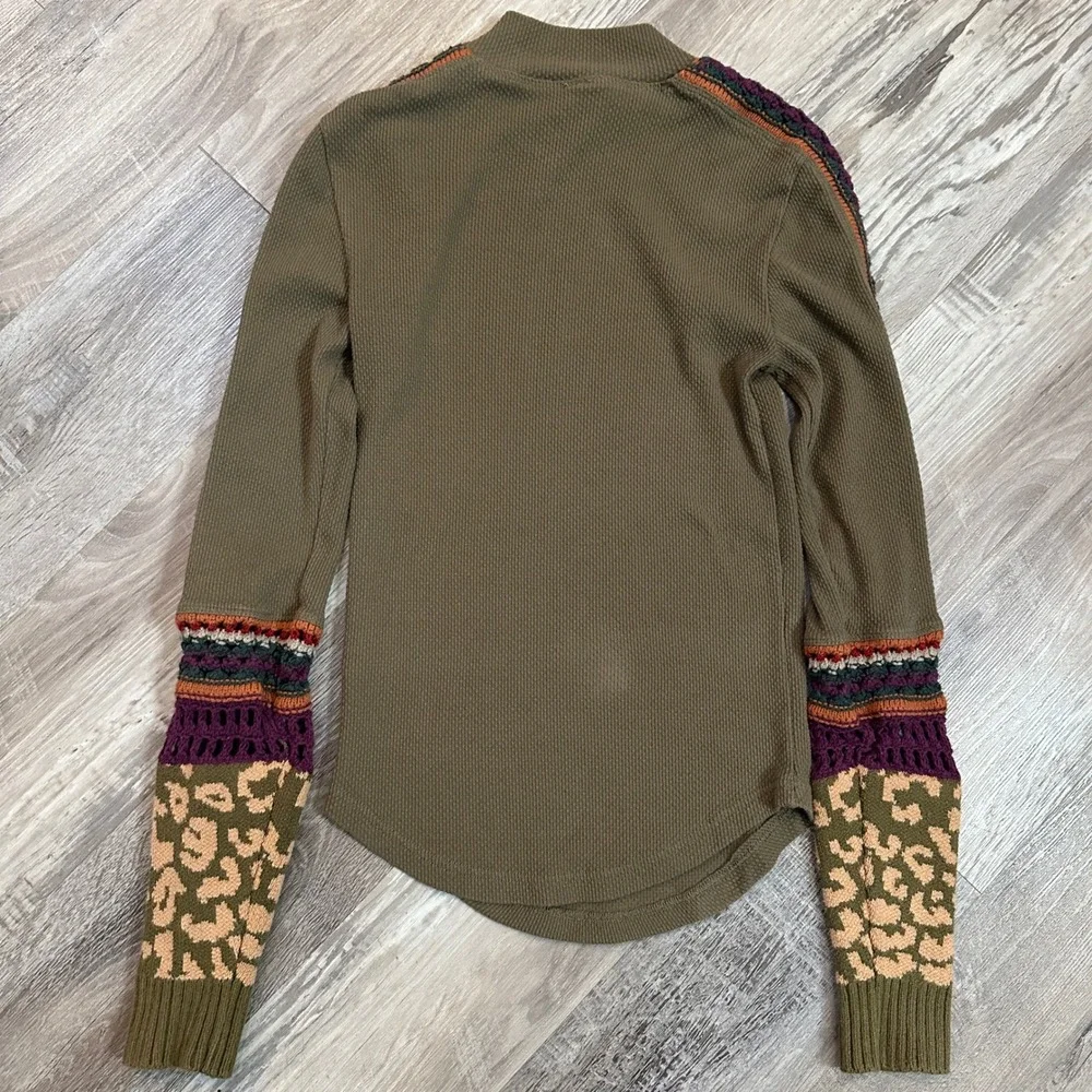 Free People Switch It Up‎ Waffle Knit Thermal Mixed Media Crochet Leopard Small